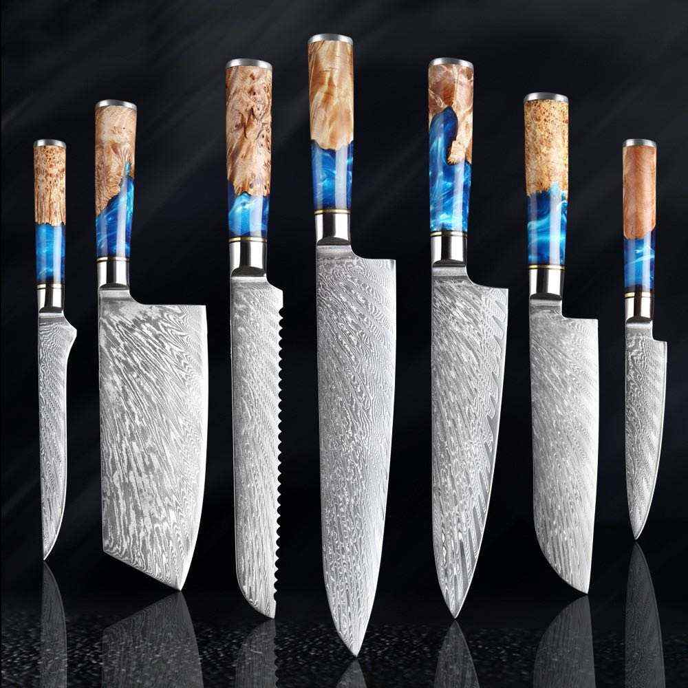 8pcs Damascus Steel Epoxy Knife Set – Versatile & Artistic Kitchen Tools